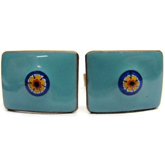 Blue Mosaic Enamel Copper Cufflinks Rectangle Shirt Accessories Wedding Vintage - Picture 13 of 14
